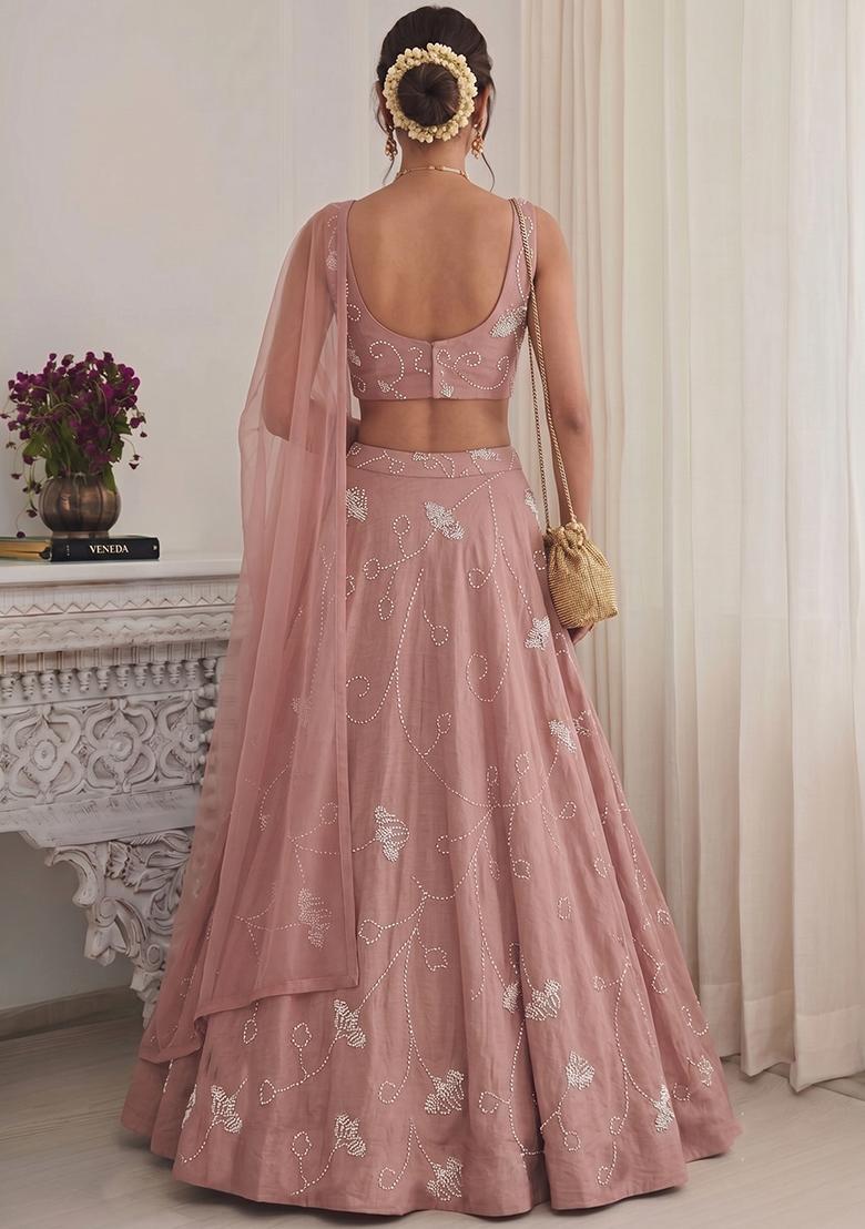 Rose Pink Embroidered Chanderi Lehenga Set - Indya