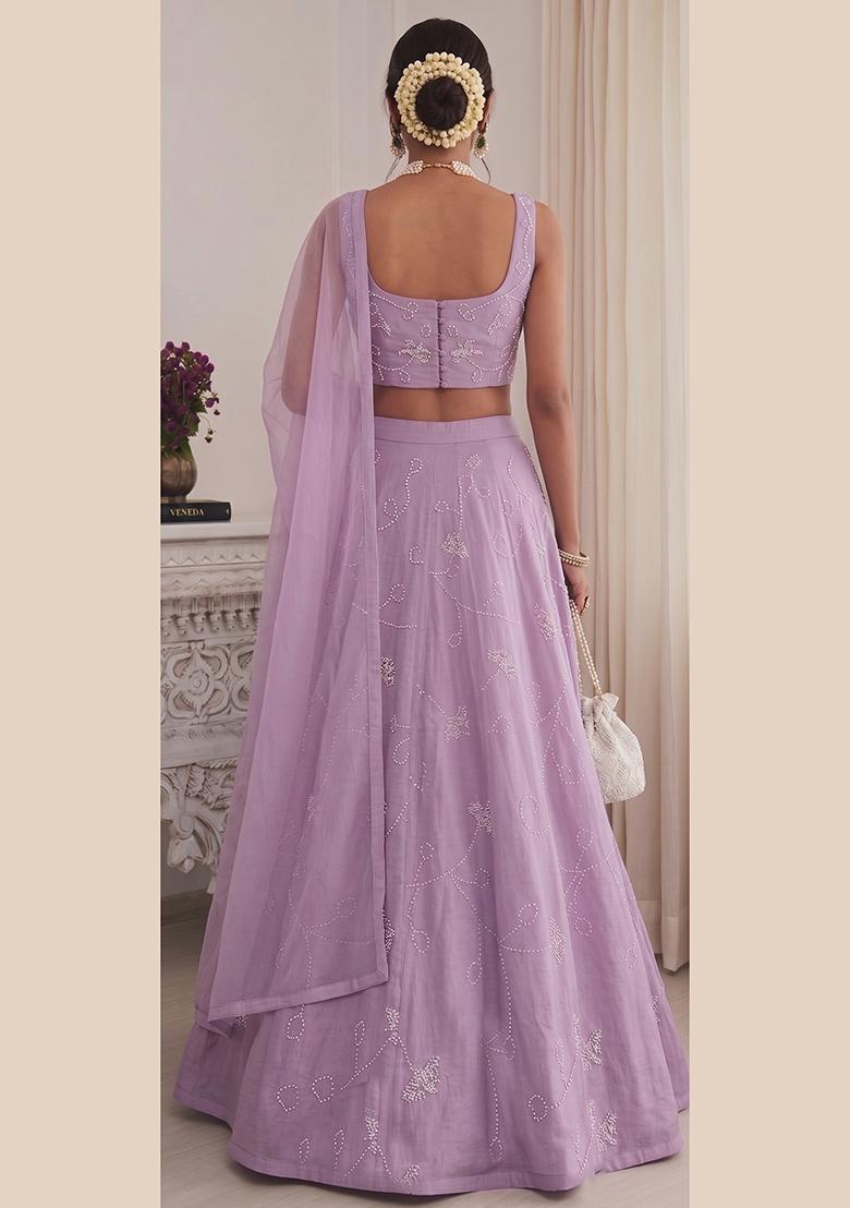 Lavender Embroidered Chanderi Lehenga Set - Indya