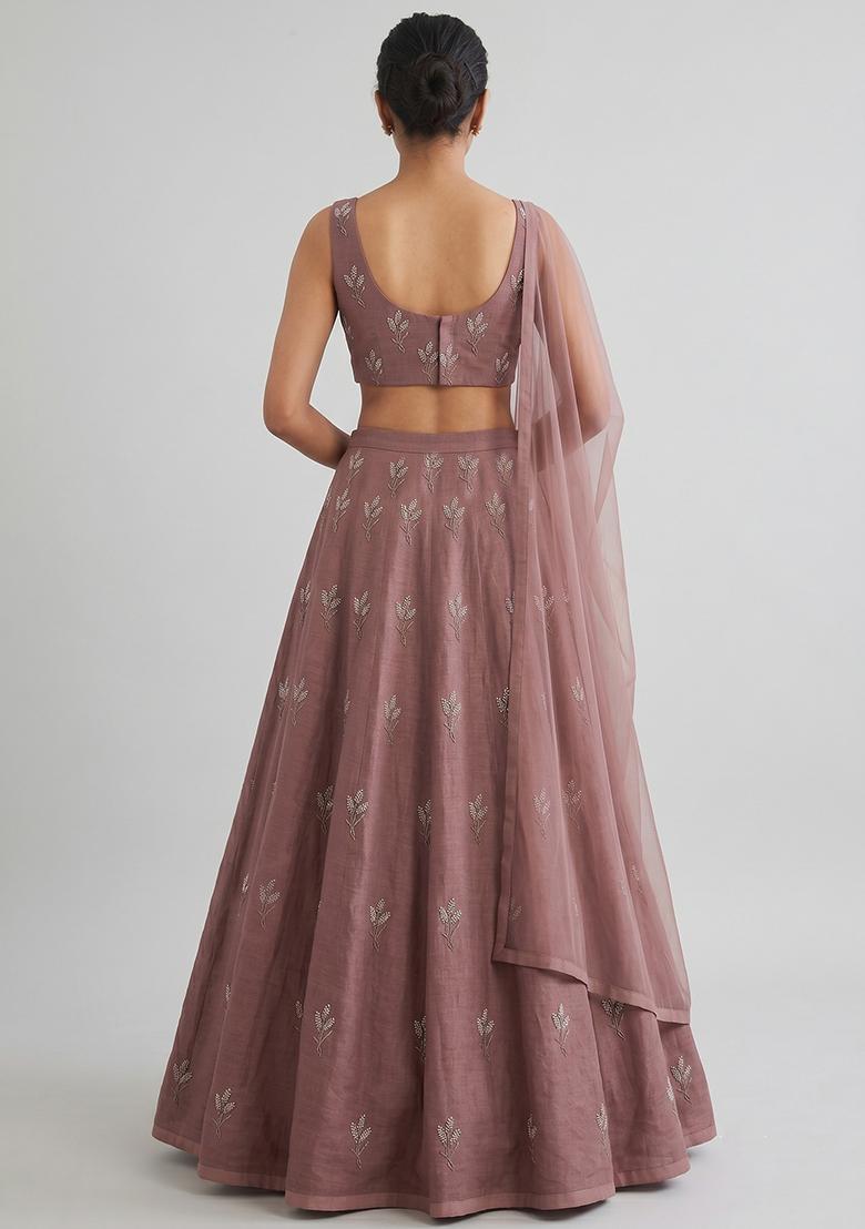 Mauve Embroidered Chanderi Lehenga Set - Indya