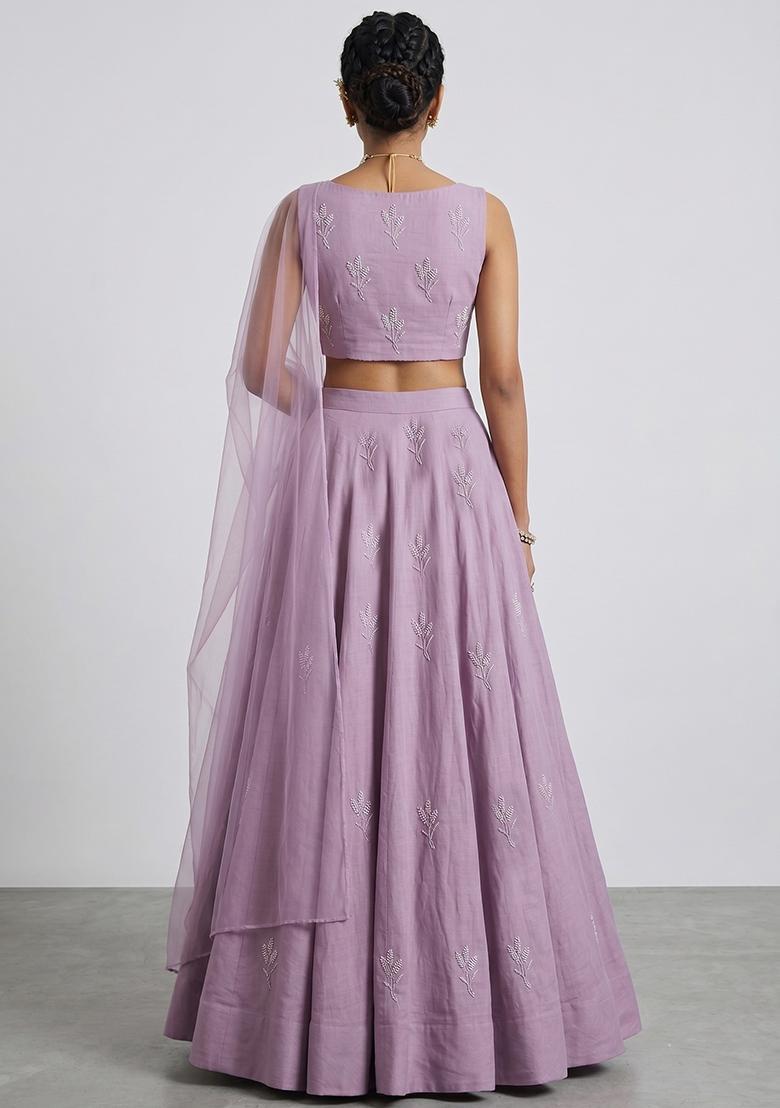 Lavender Embroidered Chanderi Lehenga Set - Indya