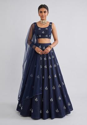Navy Blue Embroidered Chanderi Lehenga Set