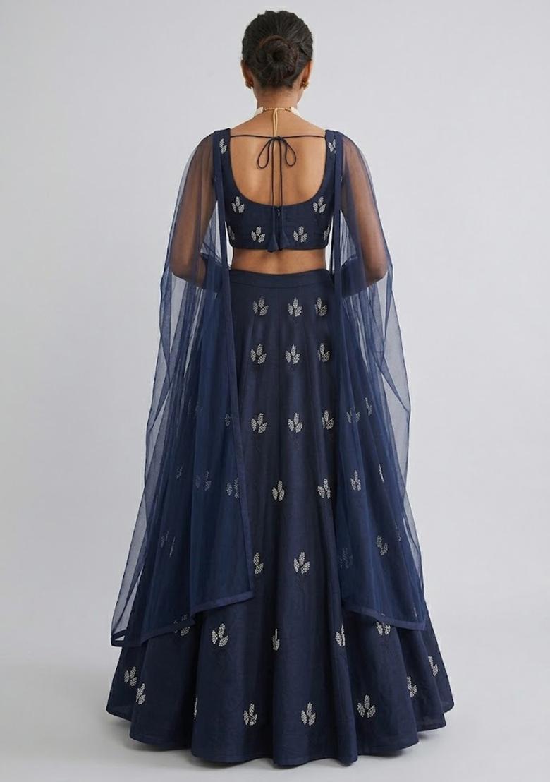 Navy Blue Embroidered Chanderi Lehenga Set - Indya