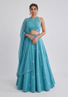 Teal Blue Embroidered Chanderi Lehenga Set