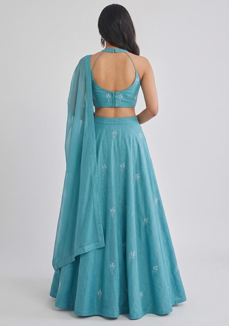 Teal Blue Embroidered Chanderi Lehenga Set - Indya
