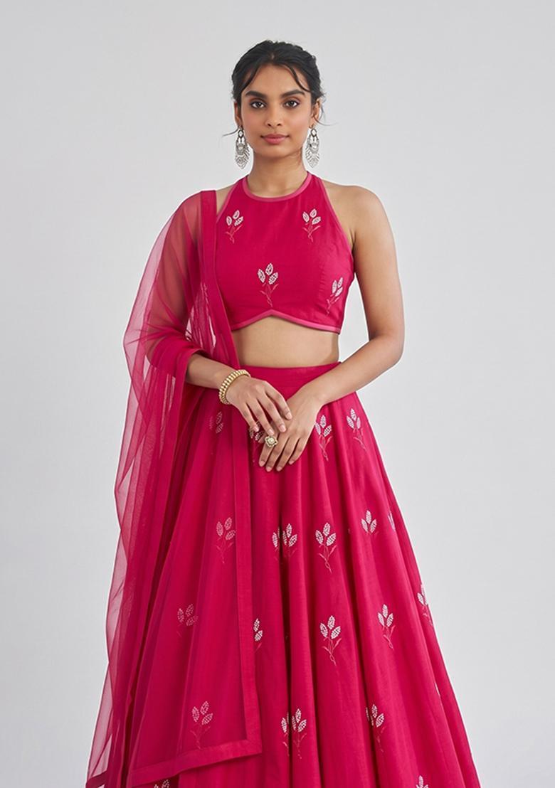 Magenta Pink Embroidered Chanderi Lehenga Set - Indya