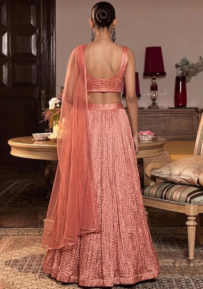Peach Pink Plated Organza Lehenga Set - Indya