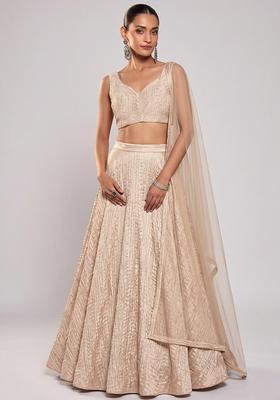 Champagne Beige Plated Organza Lehenga Set