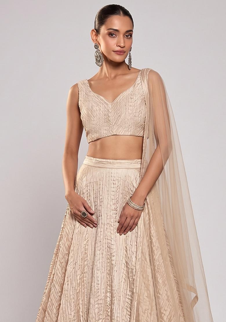 Champagne Beige Plated Organza Lehenga Set - Indya
