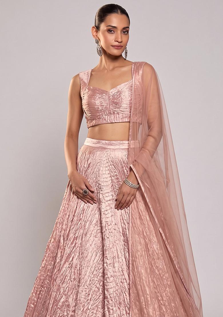 Pastel Pink Plated Organza Lehenga Set - Indya