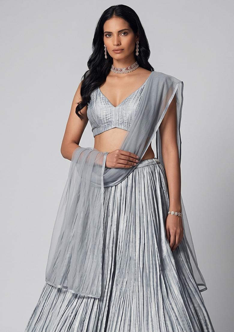 Silver Grey Plated Organza Lehenga Set - Indya