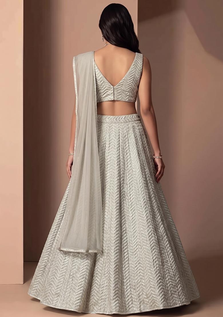 Off-White Plated Organza Lehenga Set - Indya