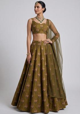 Olive Green Printed Satin Lehenga Set