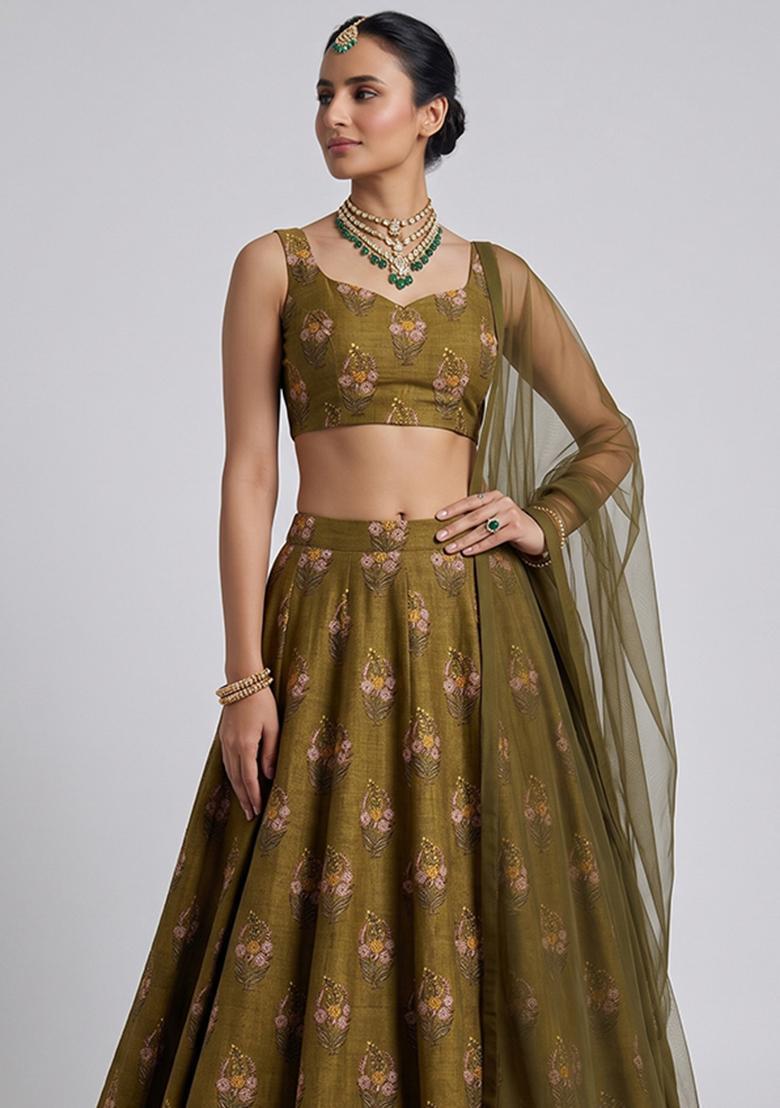 Olive Green Printed Satin Lehenga Set - Indya