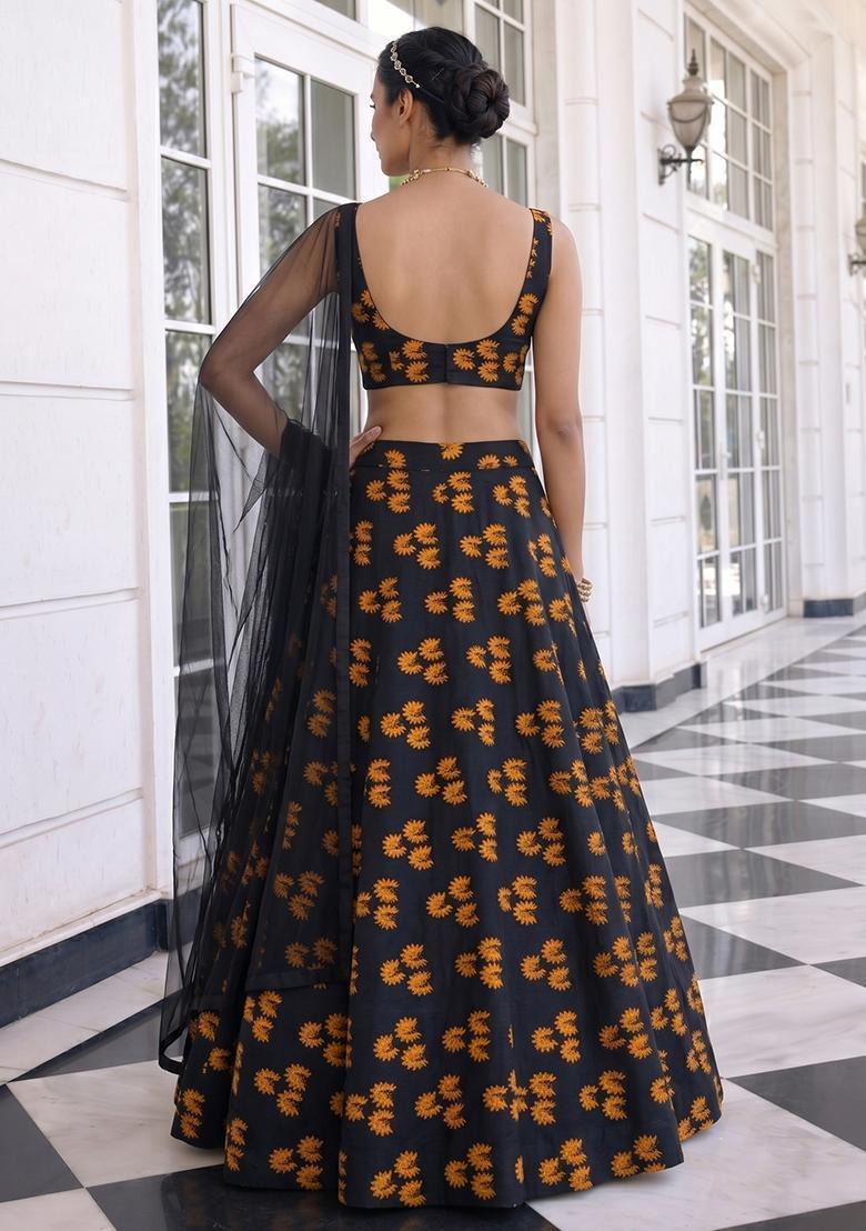 Jet Black Printed Satin Lehenga Set - Indya