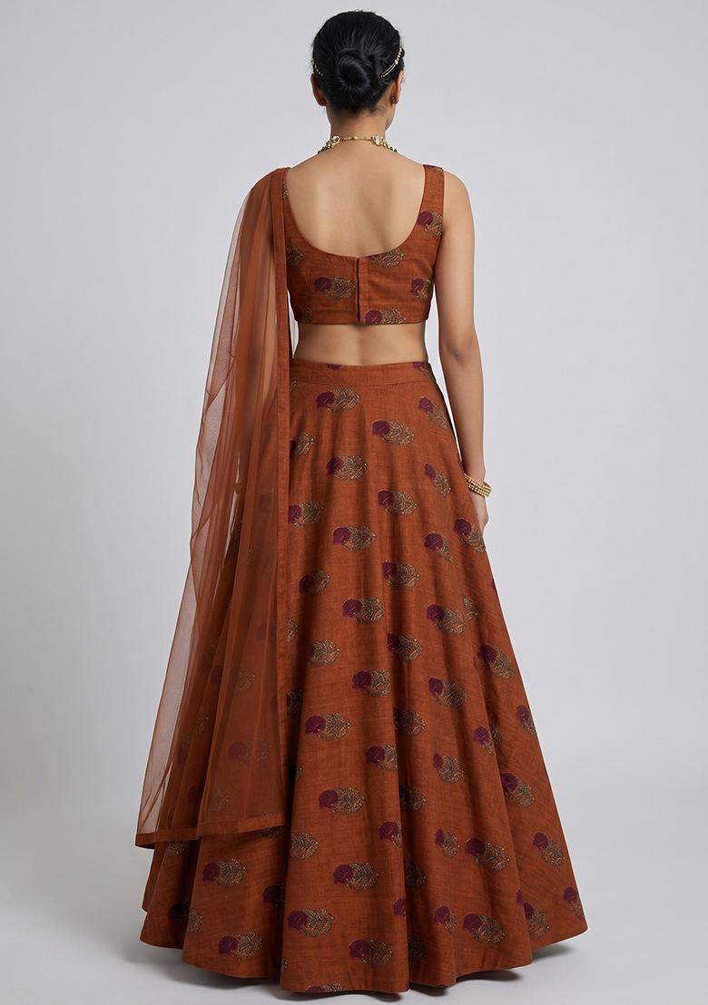Rust Brown Printed Satin Lehenga Set - Indya