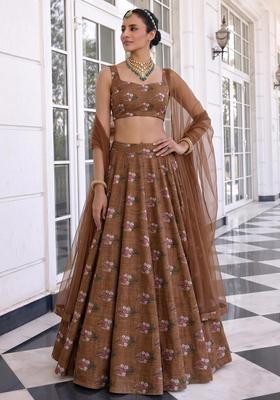 Brown Printed Satin Lehenga Set
