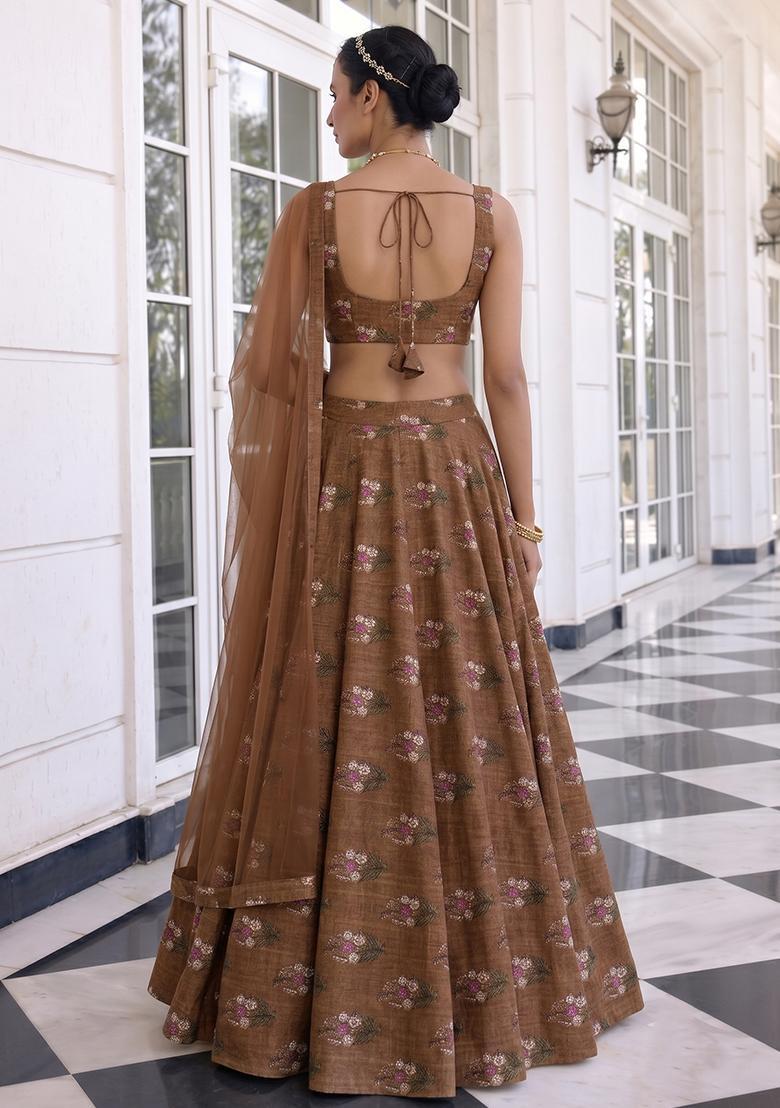 Brown Printed Satin Lehenga Set - Indya
