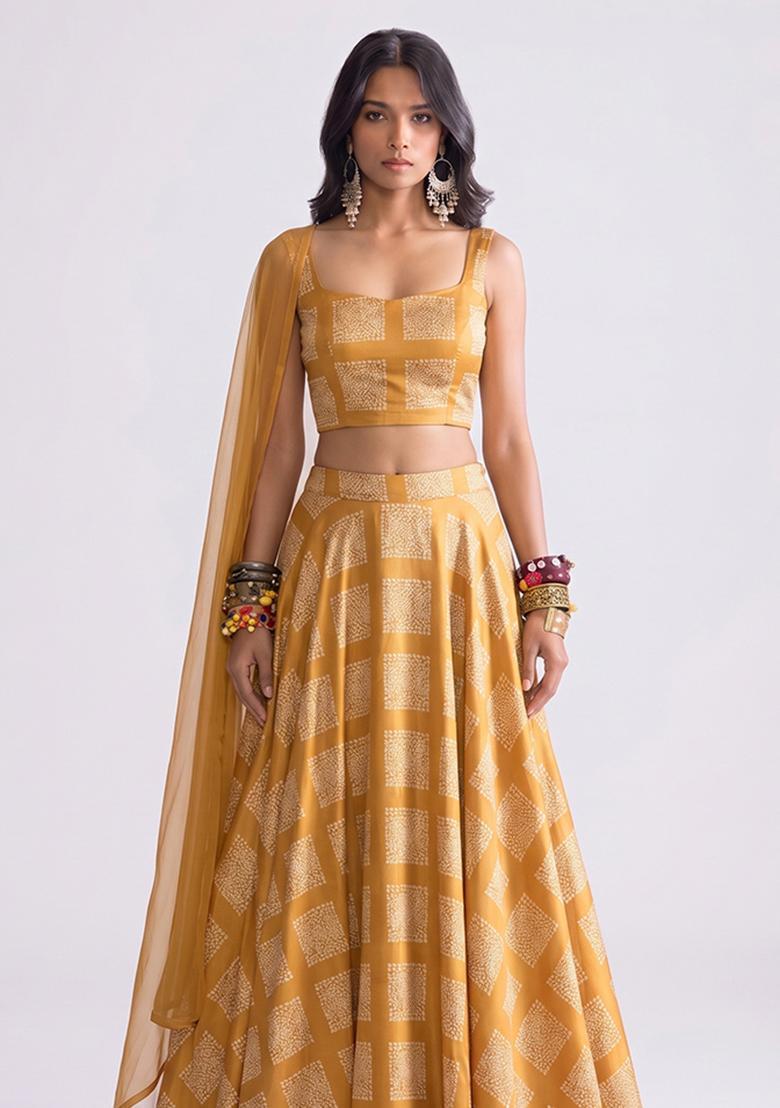 Mustard Yellow Printed Organza Lehenga Set - Indya