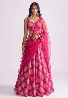 Magenta Pink Printed Organza Lehenga Set