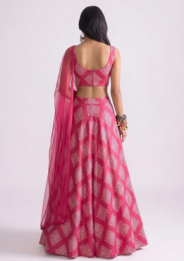 Magenta Pink Printed Organza Lehenga Set - Indya