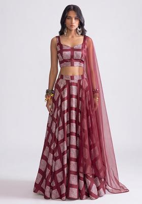 Maroon Printed Organza Lehenga Set
