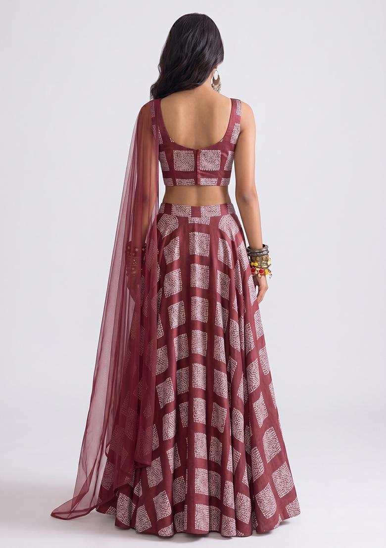 Maroon Printed Organza Lehenga Set - Indya