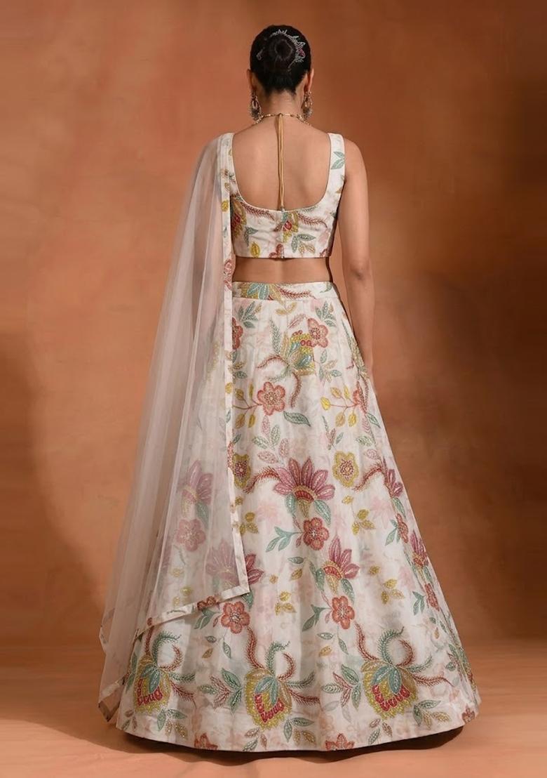 Off White Embroidered Cosmos Lehenga Set - Indya