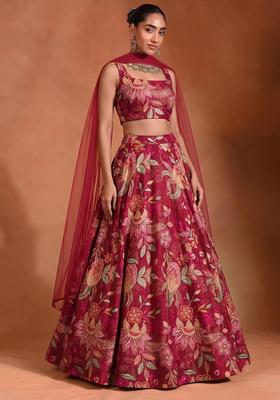 Red Embroidered Cosmos Lehenga Set