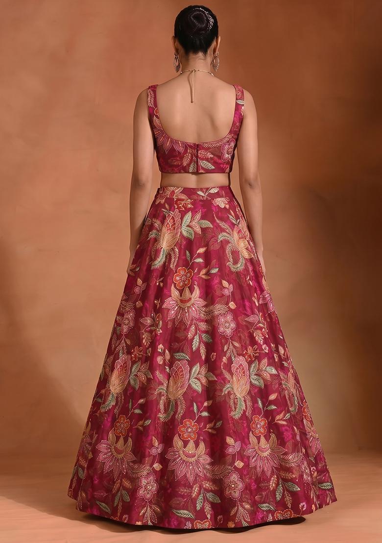 Red Embroidered Cosmos Lehenga Set - Indya