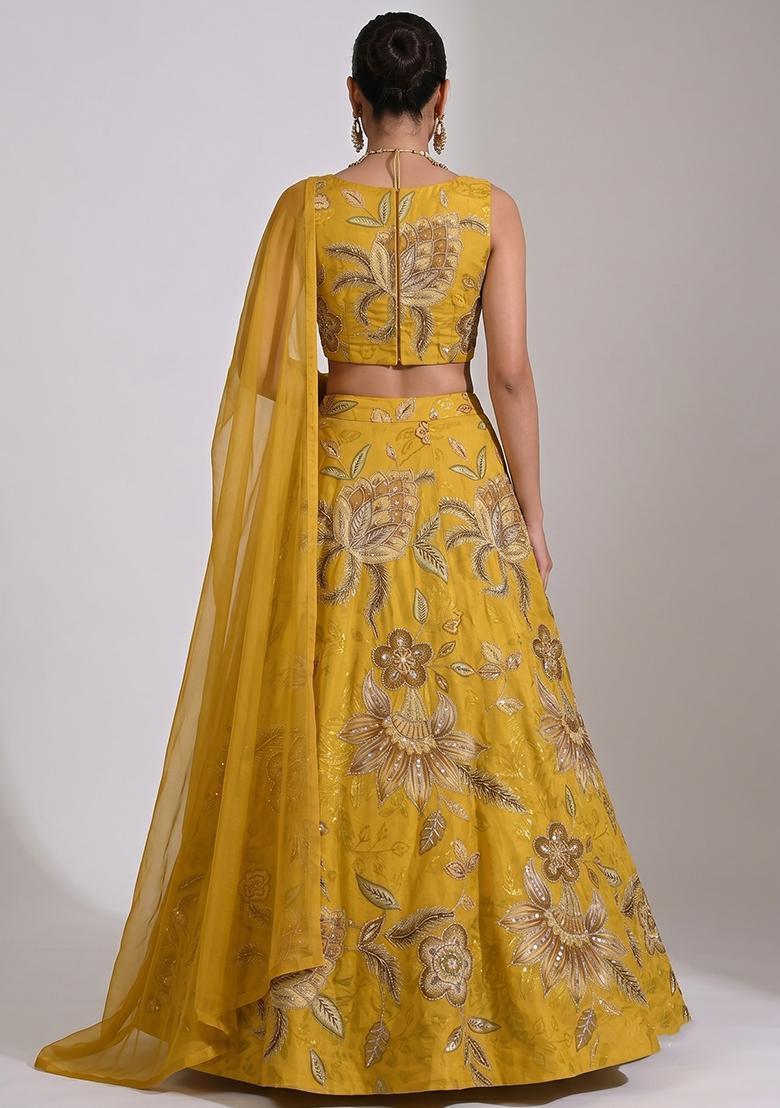 Mustard Yellow Embroidered Cosmos Lehenga Set - Indya