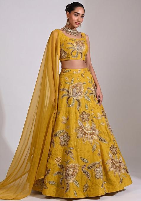 Mustard Yellow Embroidered Cosmos Lehenga Set