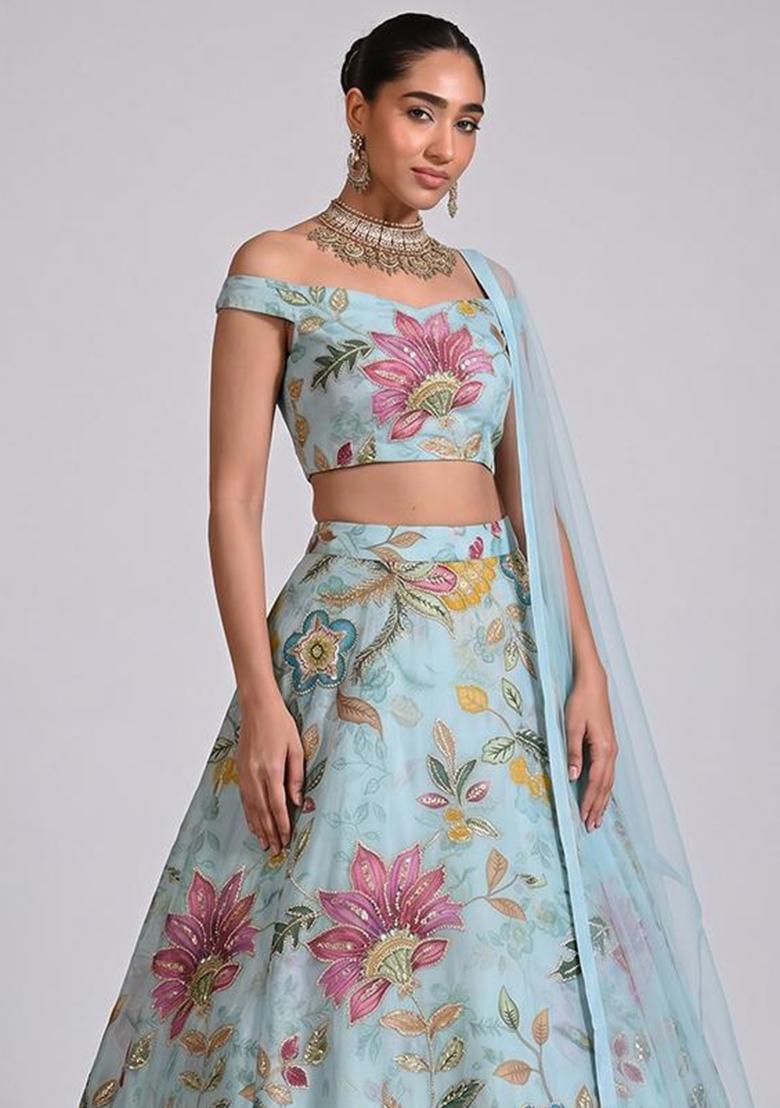 Light Blue Embroidered Cosmos Lehenga Set - Indya