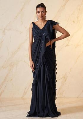 Black Embroidered Handwork Pre Draped Saree Set