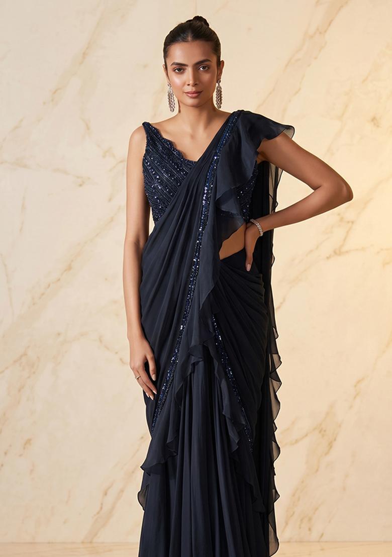 Black Embroidered Handwork Pre Draped Saree Set - Indya