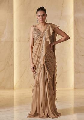 Sand Beige Embroidered Handwork Pre Draped Saree Set
