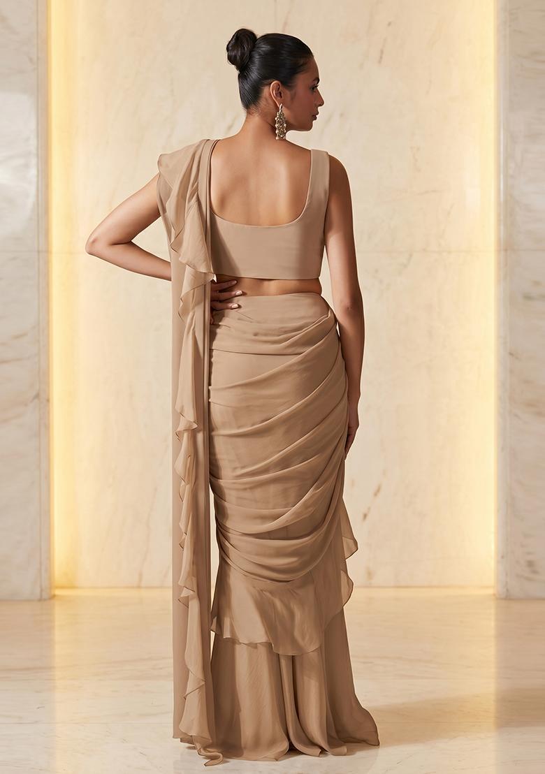 Sand Beige Embroidered Handwork Pre Draped Saree Set - Indya