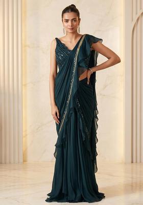 Forest Green Embroidered Handwork Pre Draped Saree Set