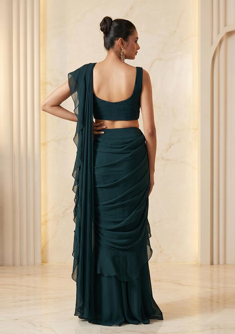 Forest Green Embroidered Handwork Pre Draped Saree Set - Indya