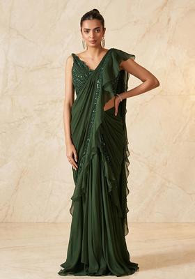 Dark Green Embroidered Handwork Pre Draped Saree Set