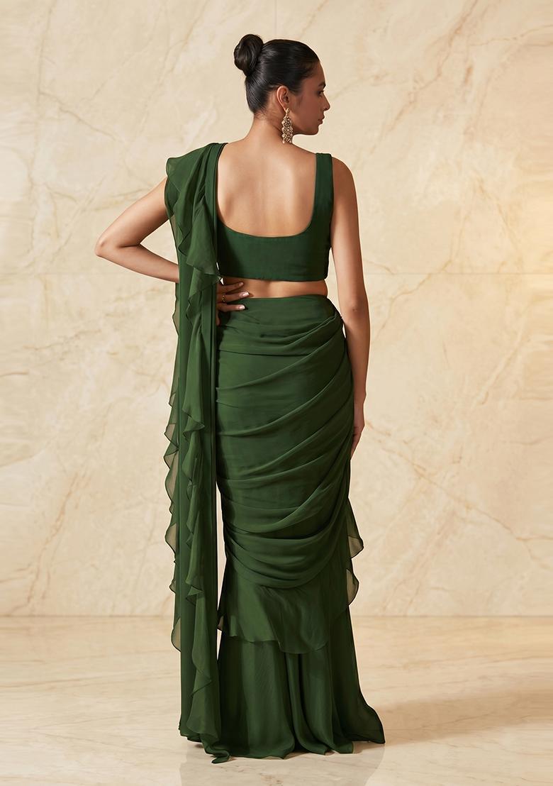 Dark Green Embroidered Handwork Pre Draped Saree Set - Indya