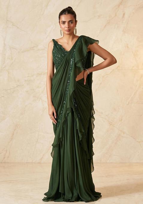 Dark Green Embroidered Handwork Pre Draped Saree Set