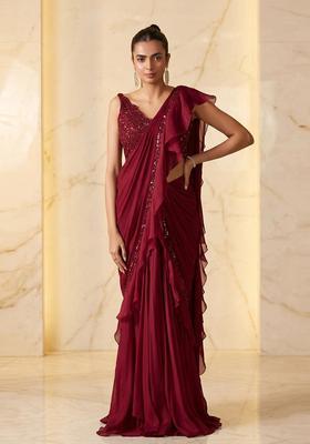 Deep Red Embroidered Handwork Pre Draped Saree Set