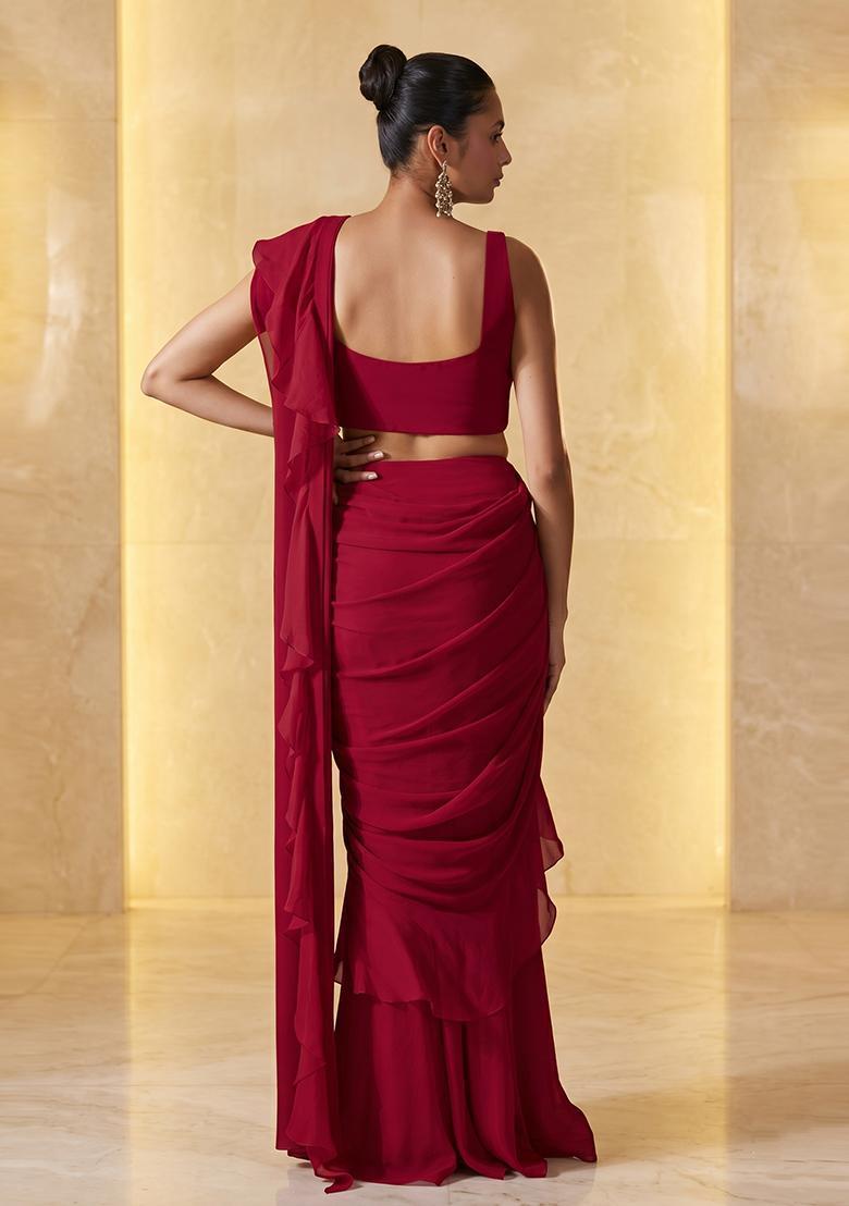 Deep Red Embroidered Handwork Pre Draped Saree Set - Indya