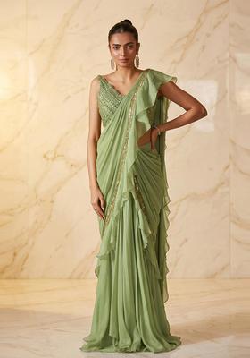 Sage Green Embroidered Handwork Pre Draped Saree Set