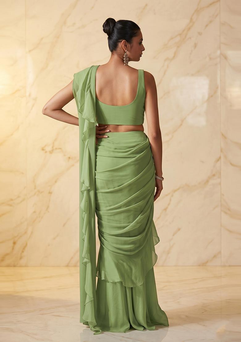 Sage Green Embroidered Handwork Pre Draped Saree Set - Indya