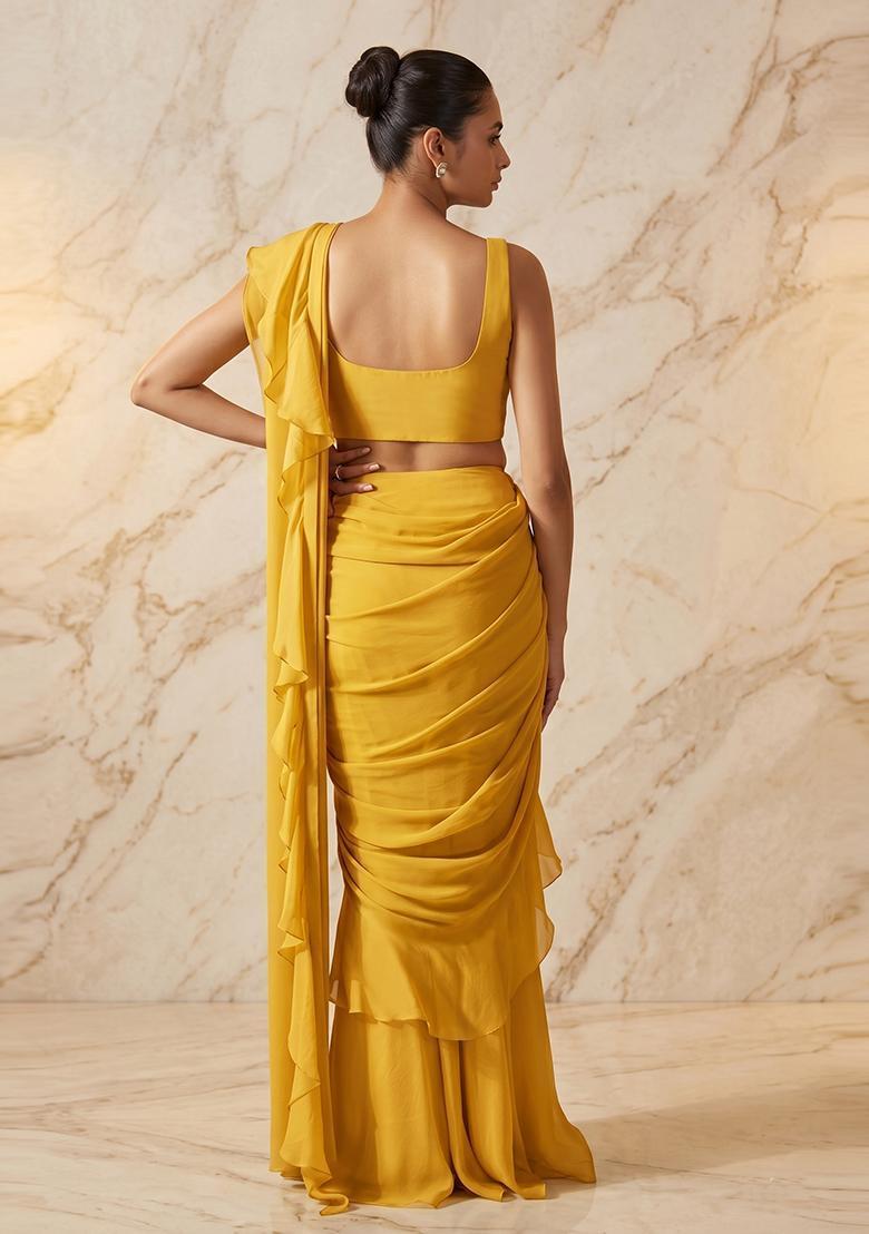 Yellow Embroidered Handwork Pre Draped Saree Set - Indya