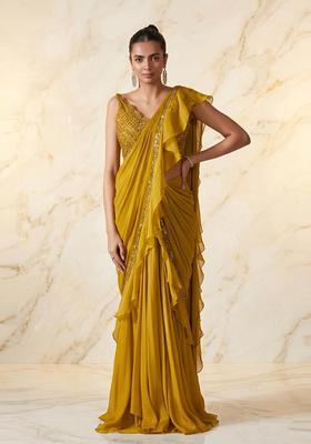 Mustard Embroidered Handwork Pre Draped Saree Set