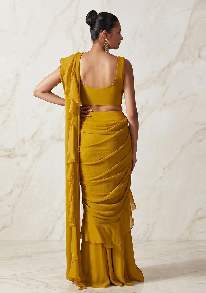 Mustard Embroidered Handwork Pre Draped Saree Set - Indya