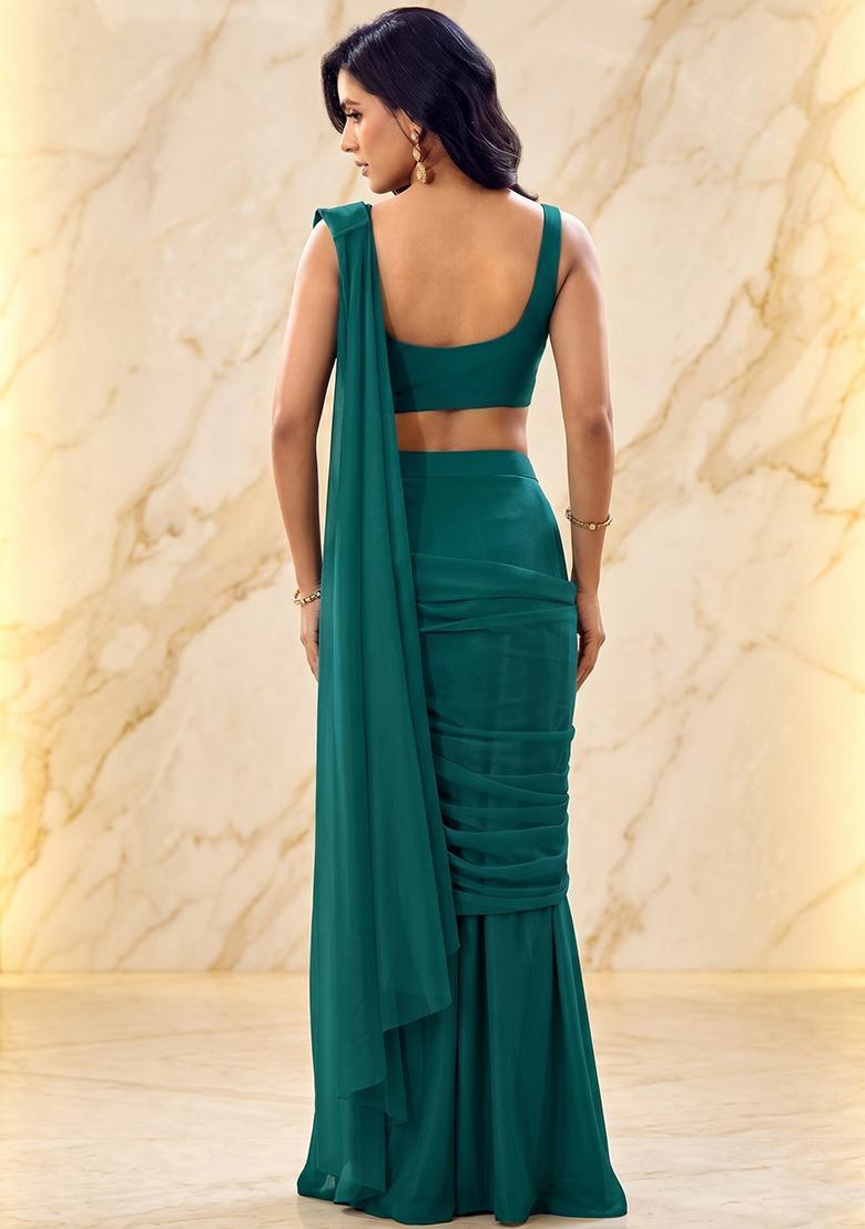 Teal Green Embroidered Handwork Pre Draped Saree Set - Indya