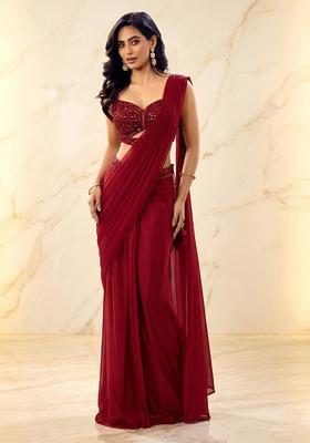 Maroon Embroidered Handwork Pre Draped Saree Set